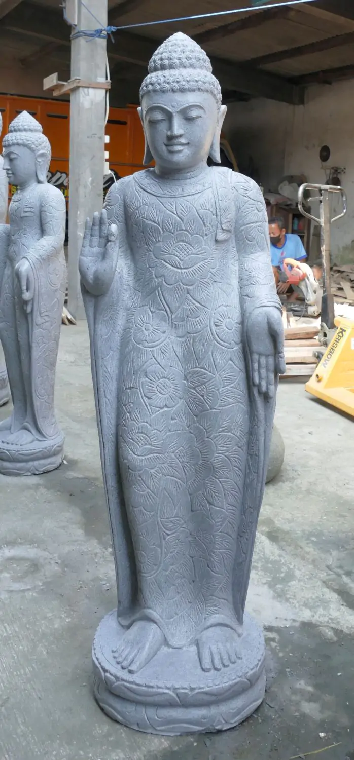  Product image 2 of the product “Standing Buddha with floral carving, Abudaya position. 44 x 31 x 154cm. Natural stone (river stone), stonemasonry ”